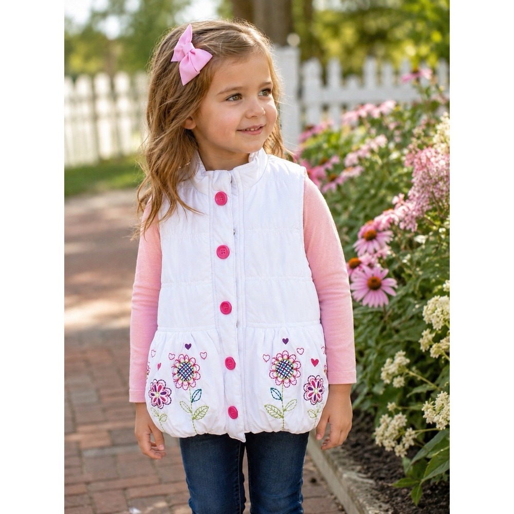 Kid Headquarters Girls Size 4 White Floral Embroidered Puffer Vest Bubble Hem